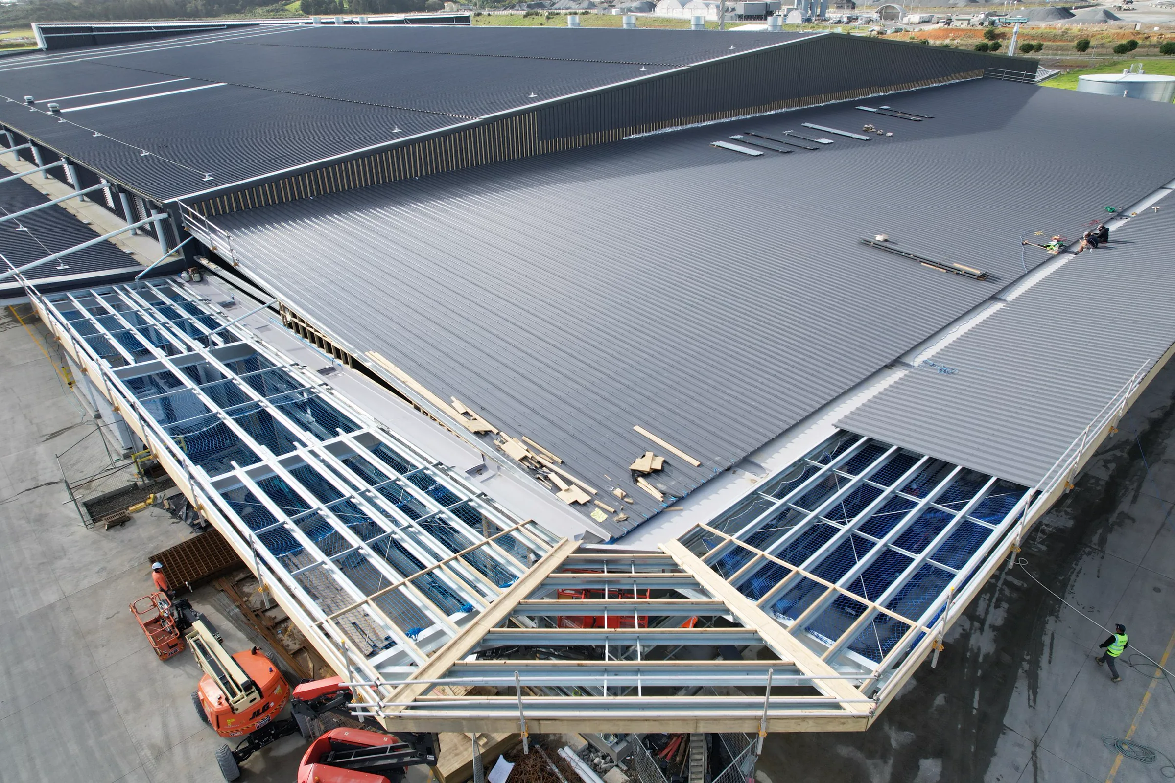 Aerial view of roof and cladding works on the Stage 2 extension