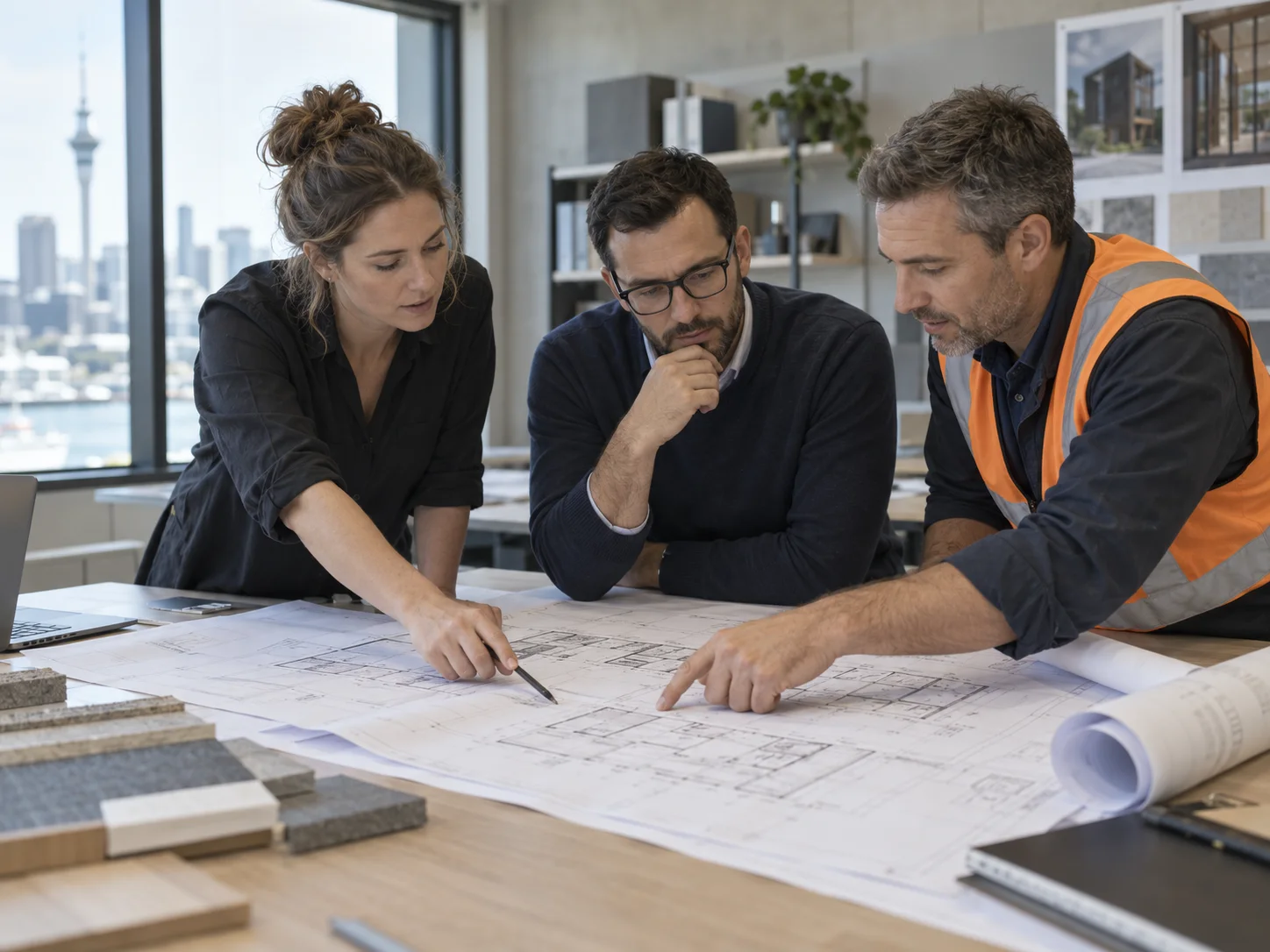 Illustrative image of construction and design professionals reviewing printed building plans together