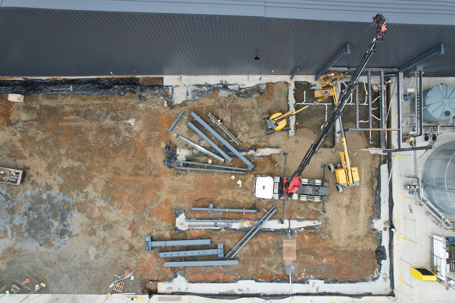 Aerial view of industrial groundworks and steel installation